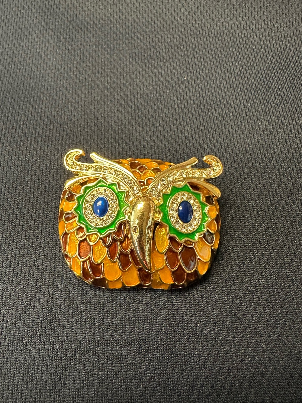Owl Brooch with Enamel & Rhinestones - Gold Tone, Brown, Green, Blue